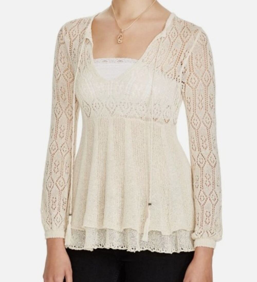 Free People Angel Days Open Knit Sweater in Antique Cream Sz S EUC